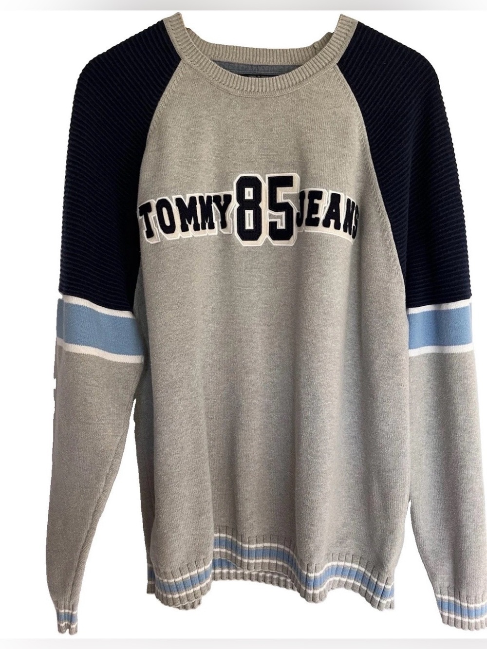 Y2K Tommy Jeans Men's Unisex Gray Navy Blue Crew Neck Sweater Preppy 2004 Vtg L